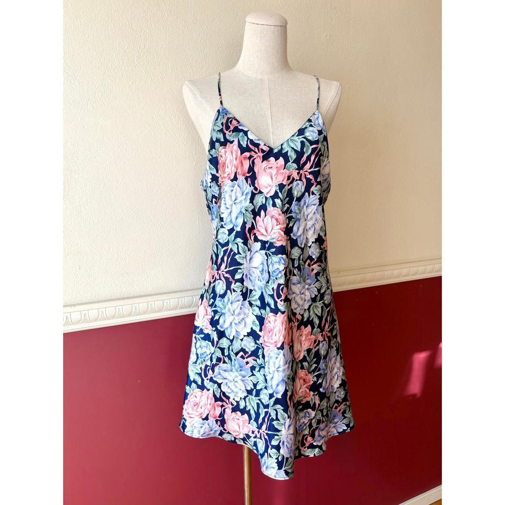 Vintage 90s Kathryn‎ Floral Chemise Nightgown Silky Slip Dress M Navy Pink Satin